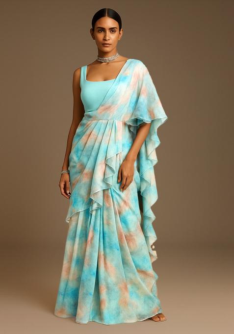 Sky Blue Printed Georgette Pre Draped Saree Set