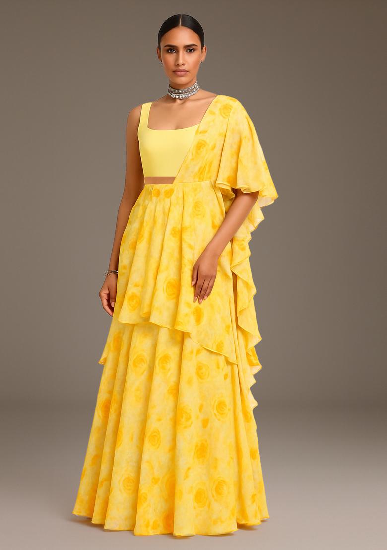 Yellow Printed Georgette Pre Draped Saree Set