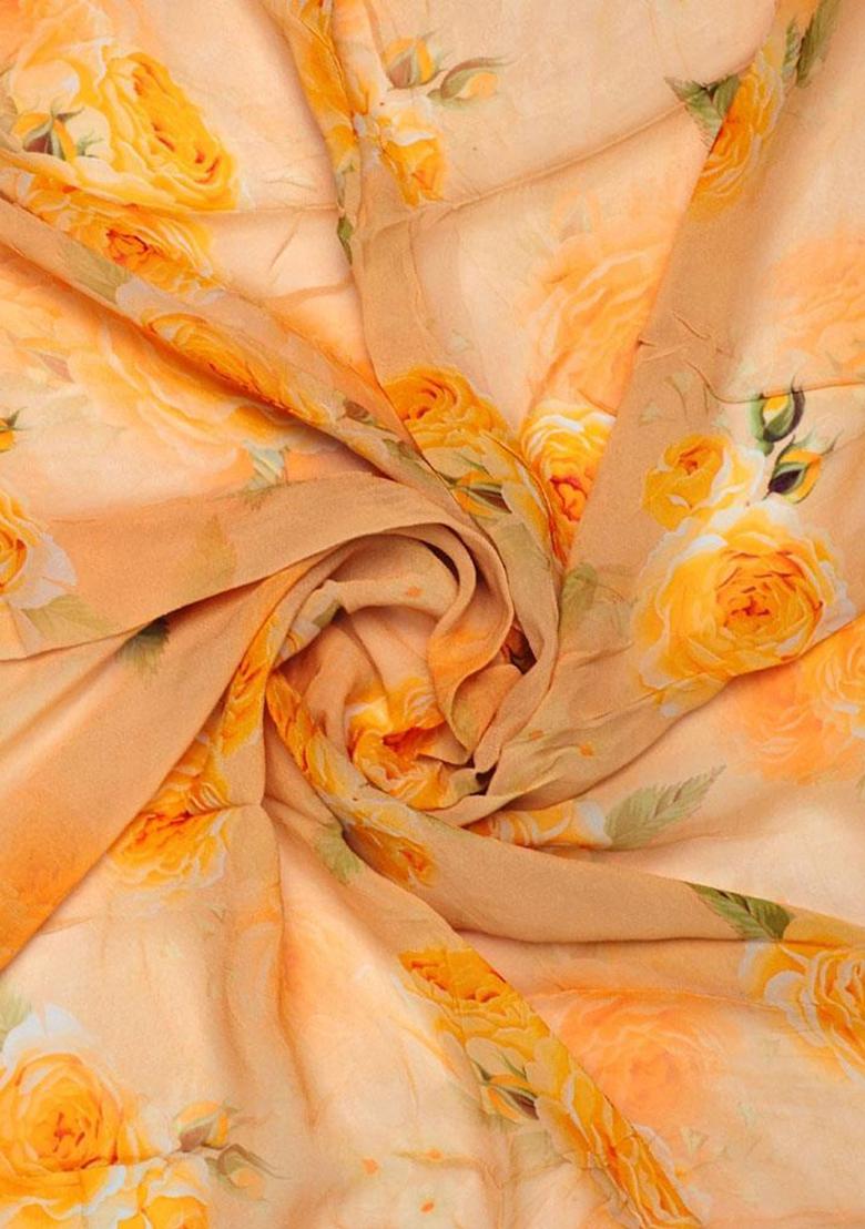 Yellow Printed Georgette Pre Draped Saree Set