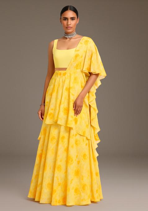 Yellow Printed Georgette Pre Draped Saree Set