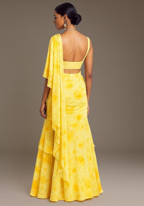 Yellow Printed Georgette Pre Draped Saree Set