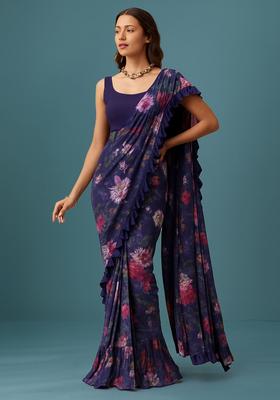 Purple Printed Organza Pre Draped Saree Set