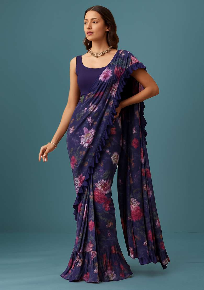 Purple Printed Organza Pre Draped Saree Set - Indya