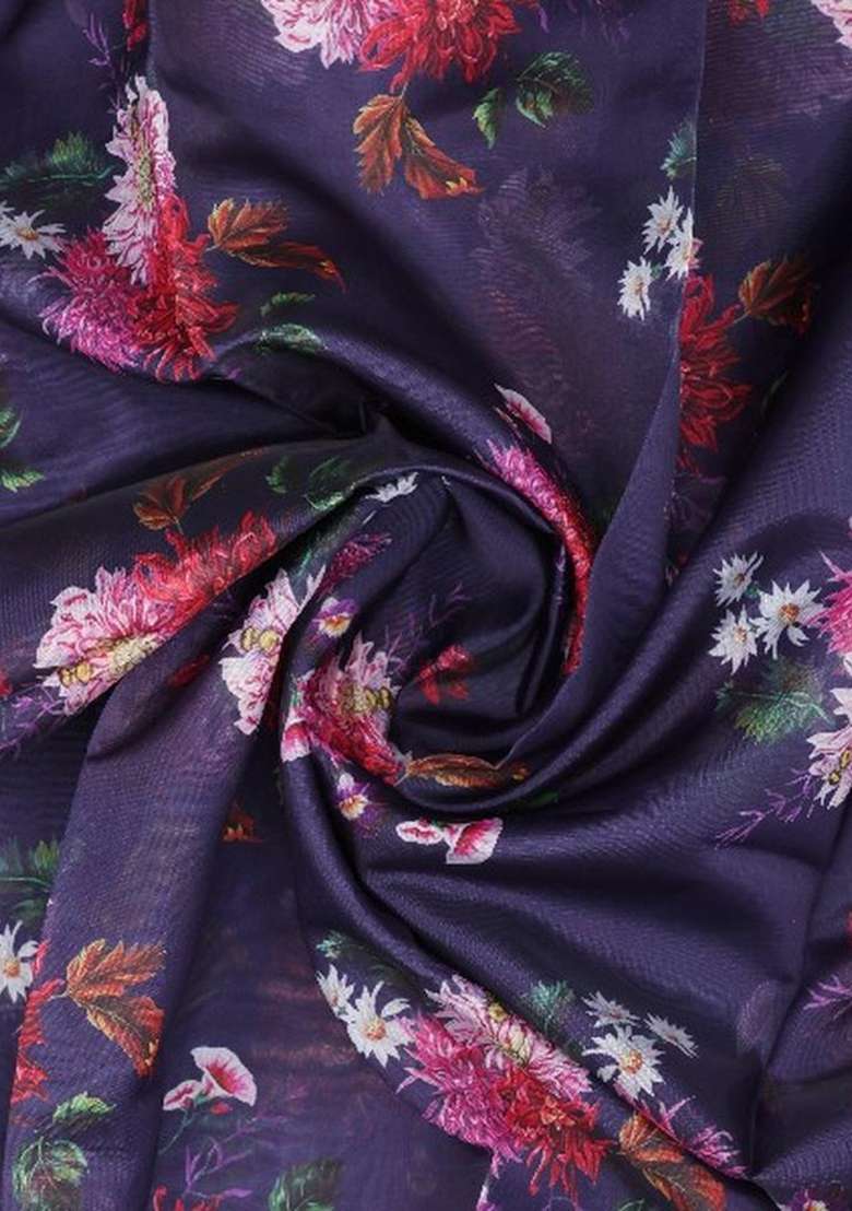 Purple Printed Organza Pre Draped Saree Set - Indya