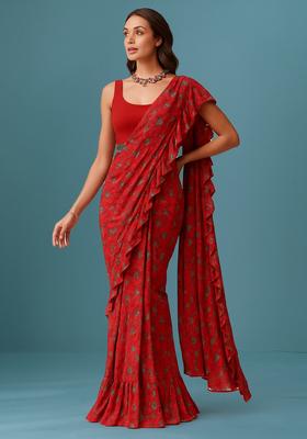 Red Printed Organza Pre Draped Saree Set