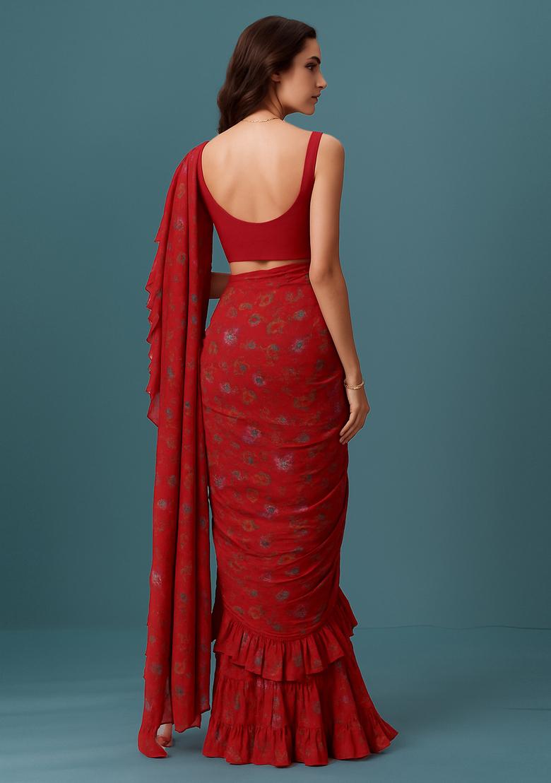 Red Printed Organza Pre Draped Saree Set