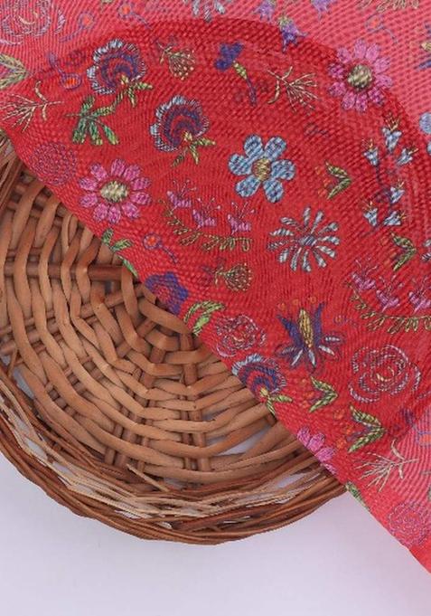 Red Printed Organza Pre Draped Saree Set