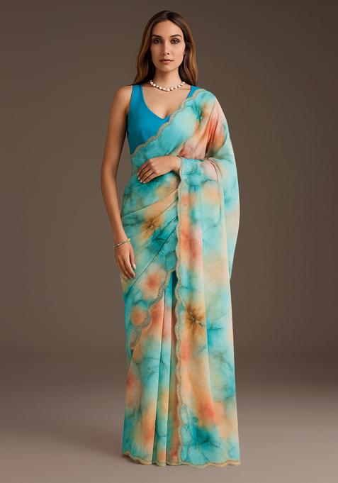 Sky Blue Printed Georgette Pre Draped Saree Set