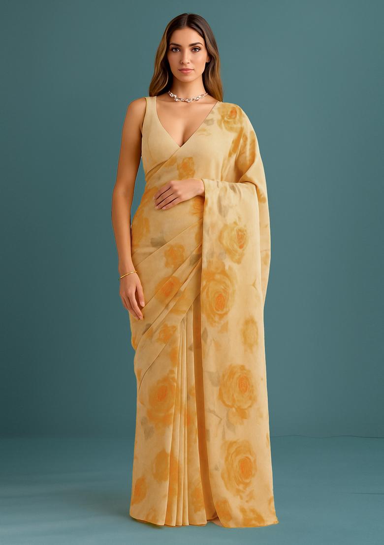 Yellow Printed Georgette Pre Draped Saree Set