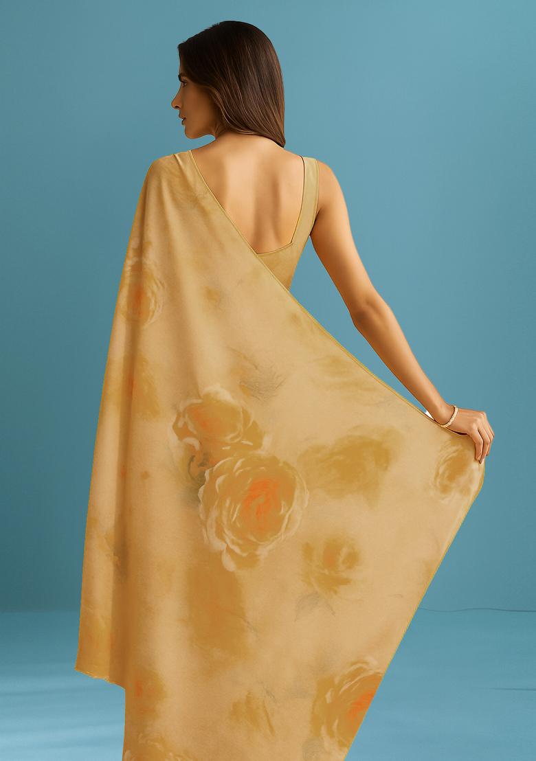 Yellow Printed Georgette Pre Draped Saree Set