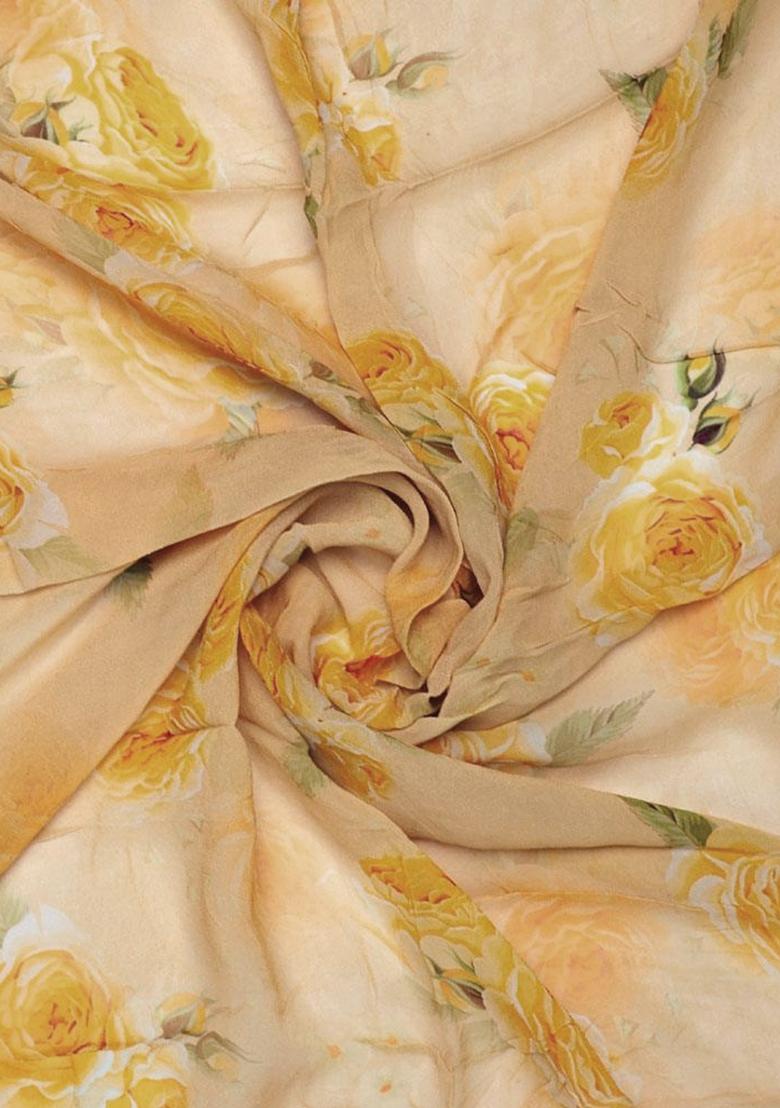 Yellow Printed Georgette Pre Draped Saree Set