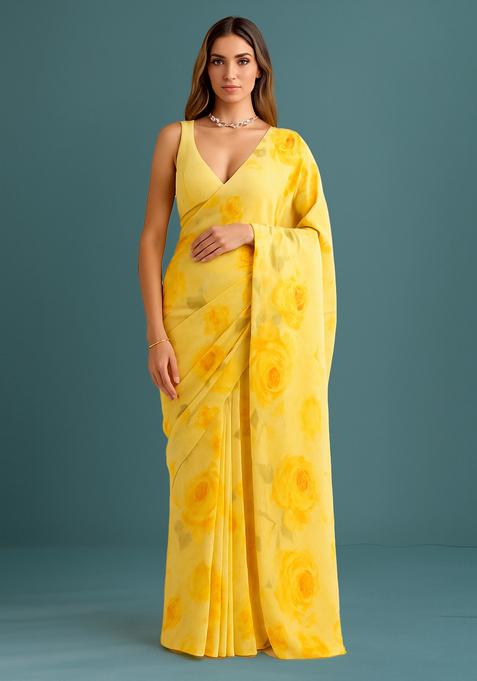 Yellow Printed Georgette Pre Draped Saree Set