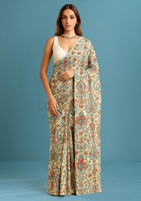 Beige Printed Chinon Pre Draped Saree Set