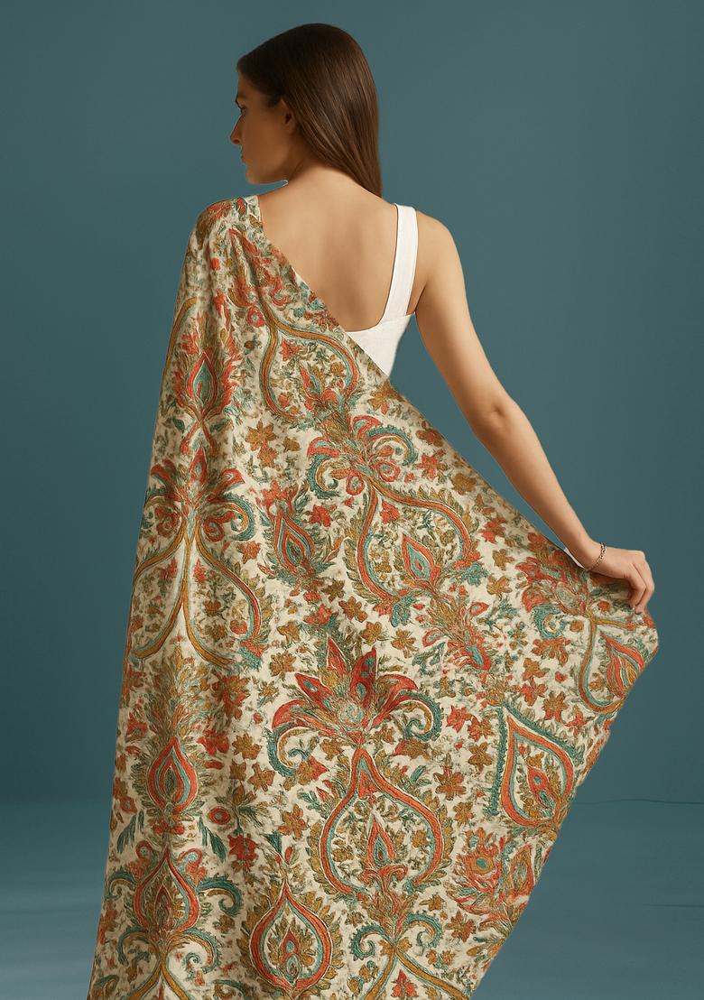 Beige Printed Chinon Pre Draped Saree Set - Indya