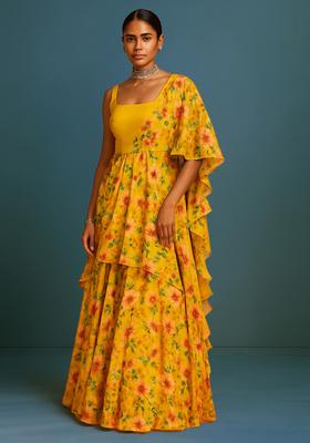 Yellow Printed Organza Pre Draped Saree Set