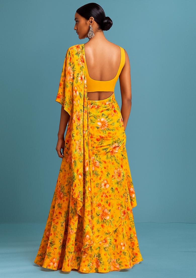Yellow Printed Organza Pre Draped Saree Set