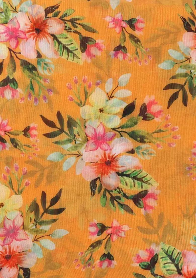 Yellow Printed Organza Pre Draped Saree Set