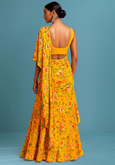 Yellow Printed Organza Pre Draped Saree Set