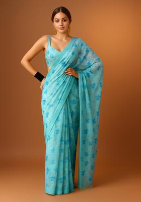 Sky Blue Printed Chiffon Pre Draped Saree Set