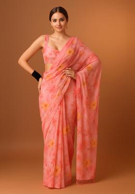 Pink Printed Chiffon Pre Draped Saree Set