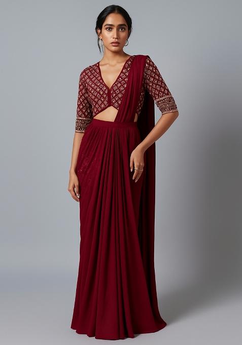 Maroon Embroidered Blouse Georgette Pre Draped Saree Set