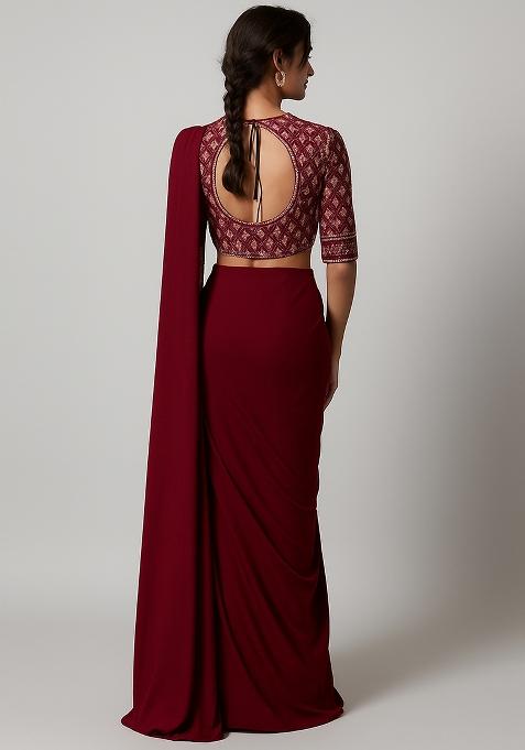 Maroon Embroidered Blouse Georgette Pre Draped Saree Set