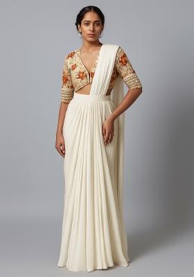 White Embroidered Blouse Georgette Pre Draped Saree Set