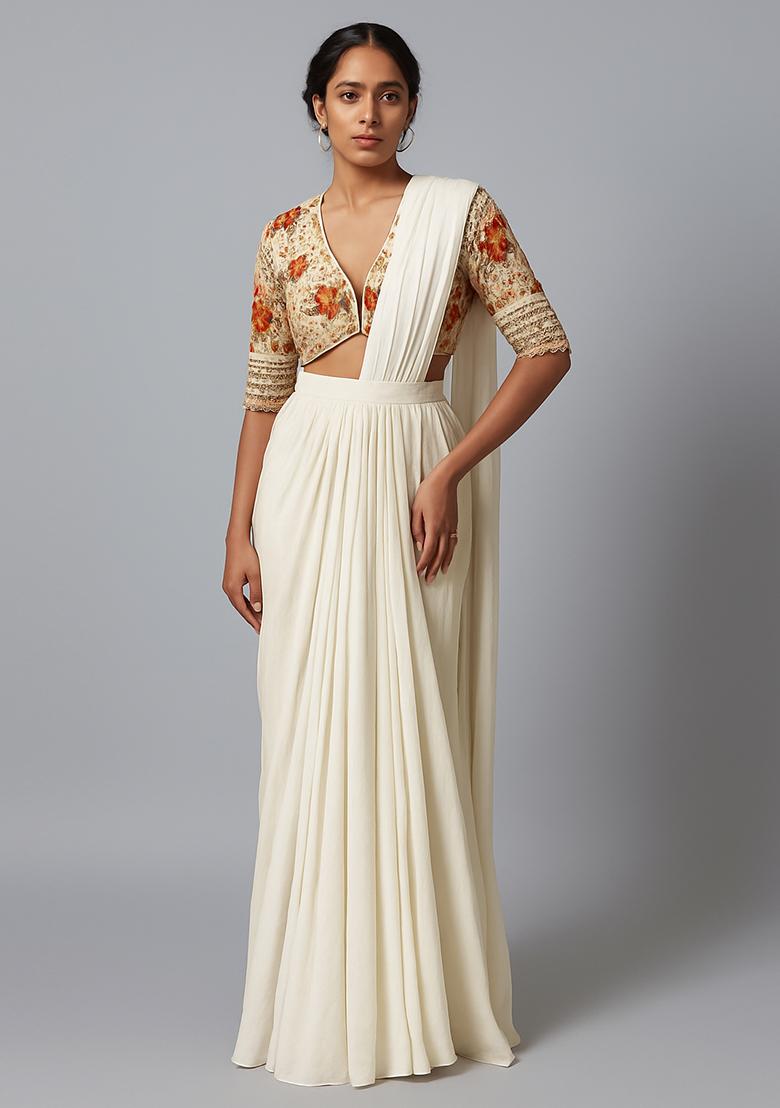 White Embroidered Blouse Georgette Pre Draped Saree Set