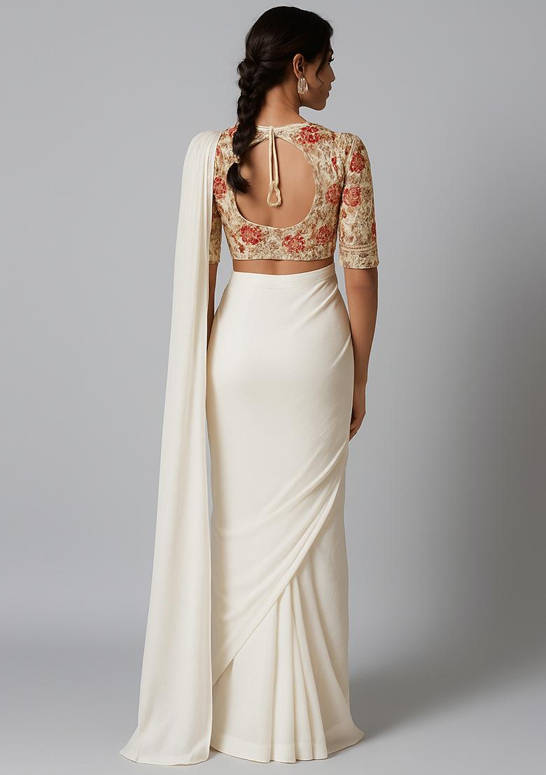 White Embroidered Blouse Georgette Pre Draped Saree Set