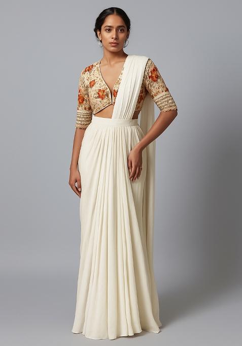White Embroidered Blouse Georgette Pre Draped Saree Set