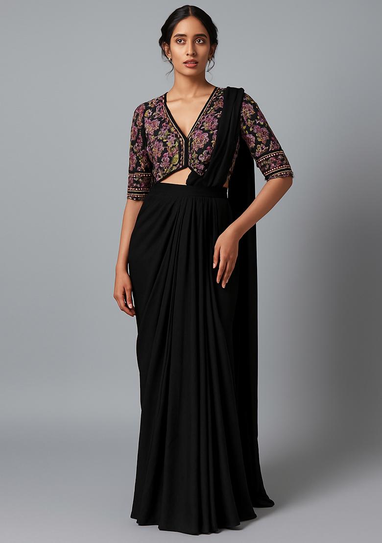 Black Embellished Blouse Georgette Pre Draped Saree Set