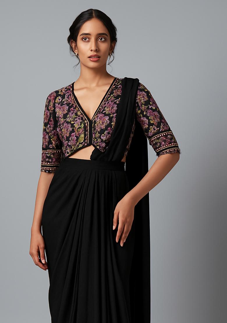 Black Embellished Blouse Georgette Pre Draped Saree Set