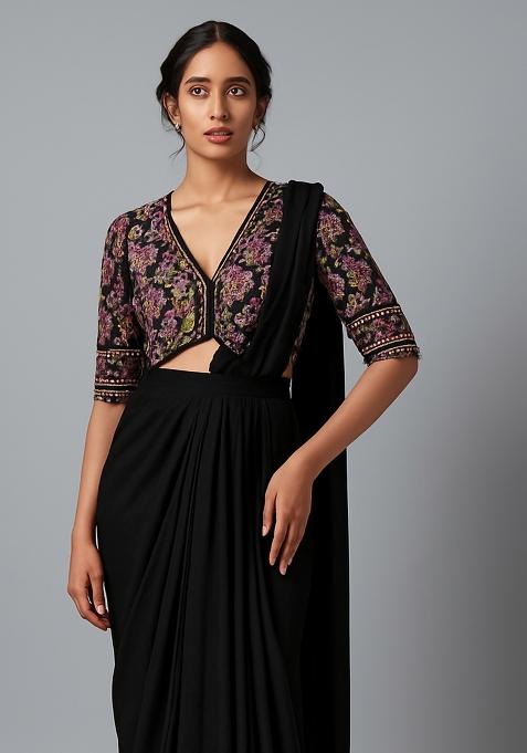 Black Embellished Blouse Georgette Pre Draped Saree Set