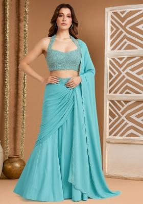 Sky Blue Embellished Blouse Georgette Pre Draped Saree Set