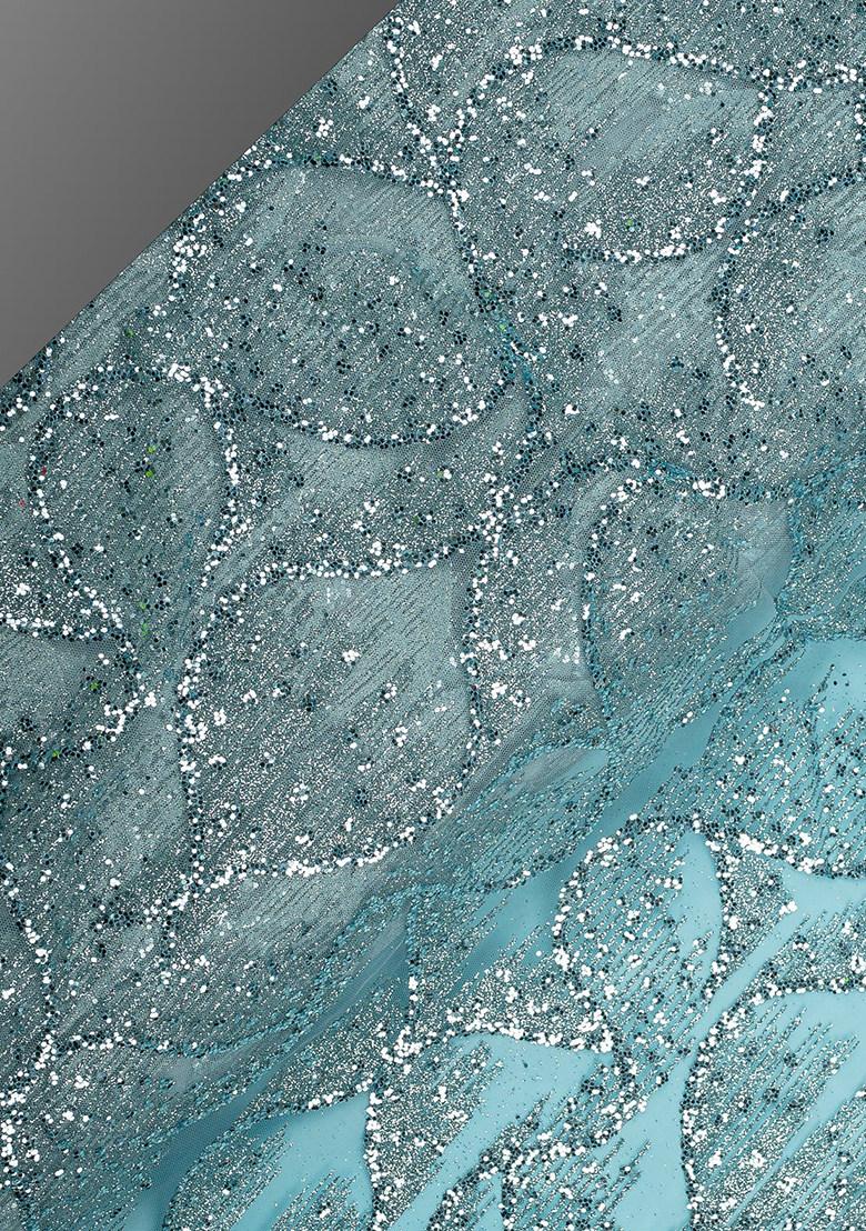 Sky Blue Embellished Blouse Georgette Pre Draped Saree Set - Indya