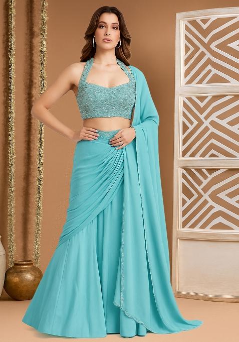 Sky Blue Embellished Blouse Georgette Pre Draped Saree Set