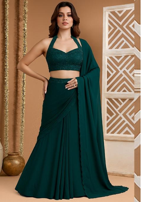 Dark Turquoise Embroidered Blouse Georgette Pre Draped Saree Set