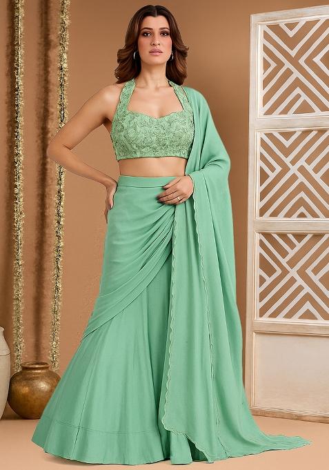 Green Sequin Embellished Blouse Georgette Pre Draped Saree Set