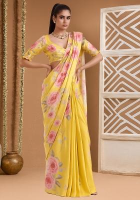 Yellow Printed Satin Pre Draped Saree Set