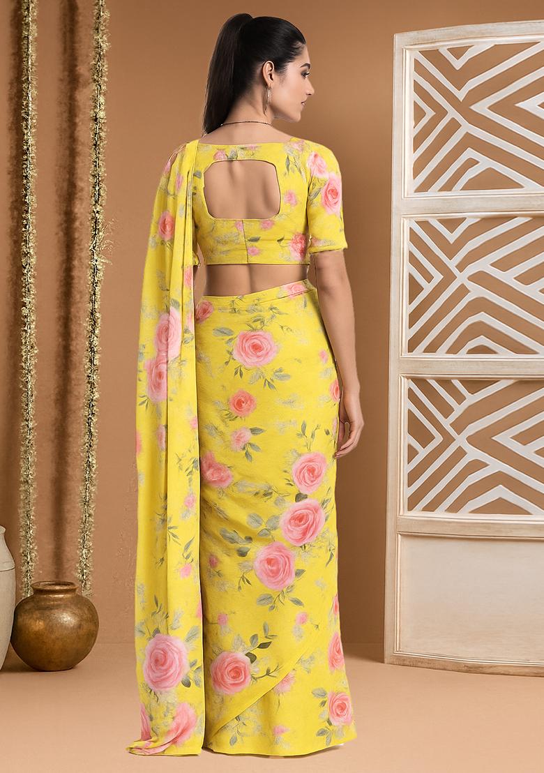 Yellow Printed Satin Pre Draped Saree Set