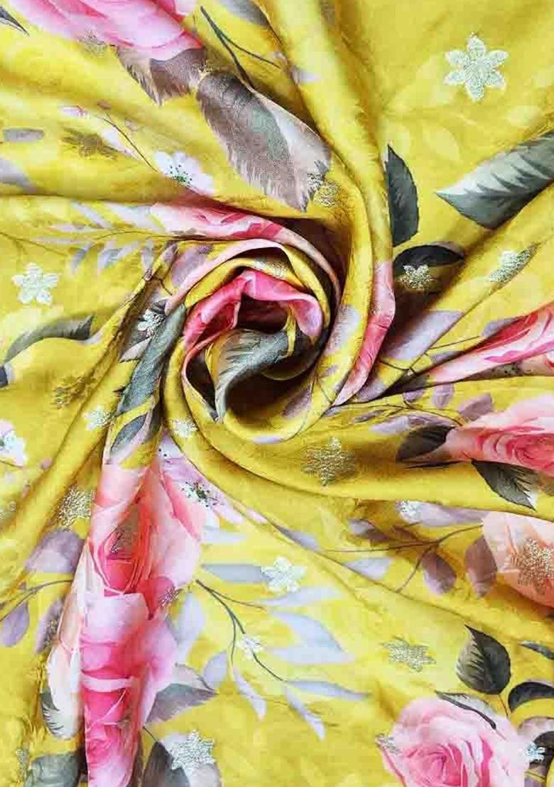 Yellow Printed Satin Pre Draped Saree Set