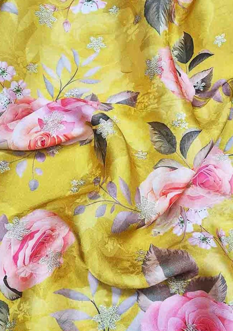 Yellow Printed Satin Pre Draped Saree Set