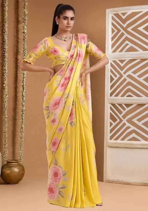 Yellow Printed Satin Pre Draped Saree Set