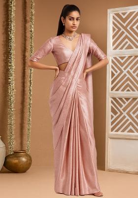 Onion Pink Solid Double Georgette Pre Draped Saree Set