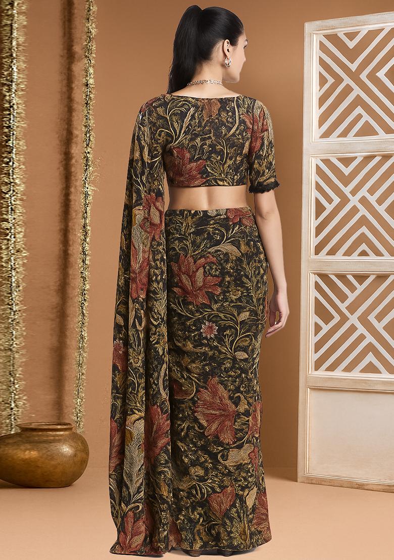 Green Printed Chinon Chiffon Pre Draped Saree Set - Indya