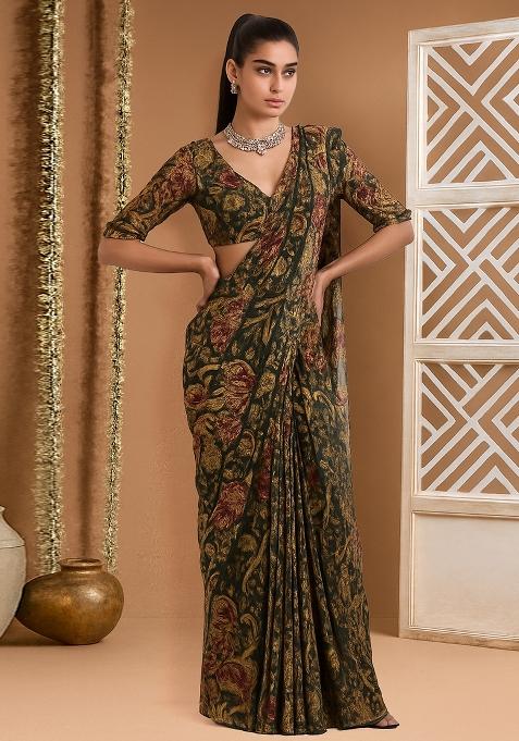 Green Printed Chinon Chiffon Pre Draped Saree Set