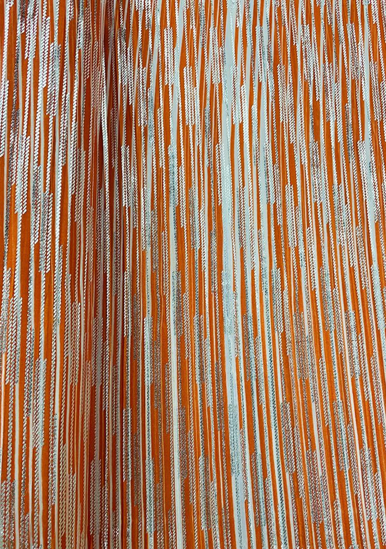 Orange Self Design Lycra Pre Draped Saree Set