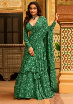 Green Printed Chiffon Pre Draped Saree Set