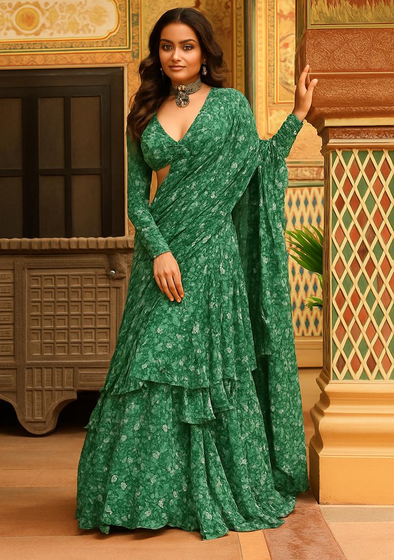 Green Printed Chiffon Pre Draped Saree Set
