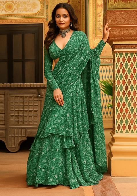 Green Printed Chiffon Pre Draped Saree Set